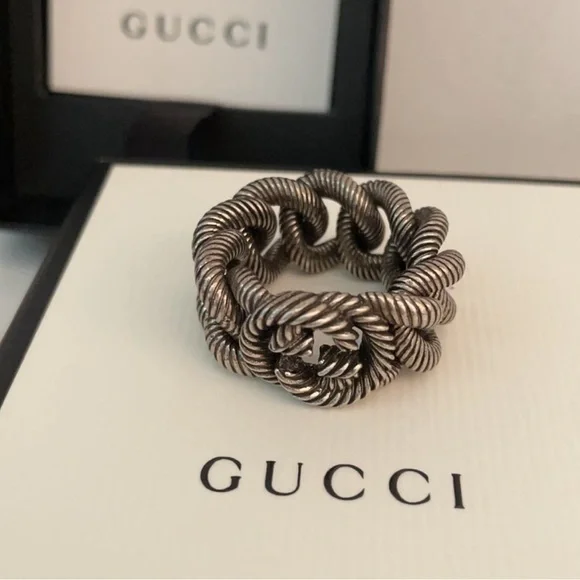 GUCCI UNISEX INTERLOCKING G GOURMETTE STERLING SILVER RING AUTHENTIC 💗💗💗 - Picture 4 of 15